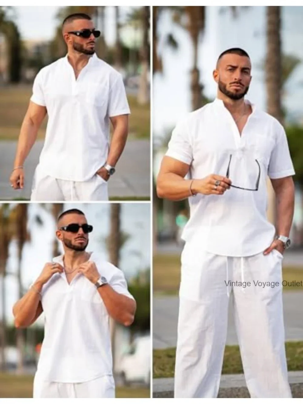 Men's 2 Piece Cotton Linen Set Henley Shirt & Pants Summer Outfit